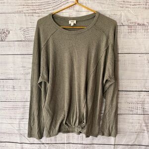 BKE Womens Green Ribbed Crew Neck Long Sleeve Knot Front Top XL